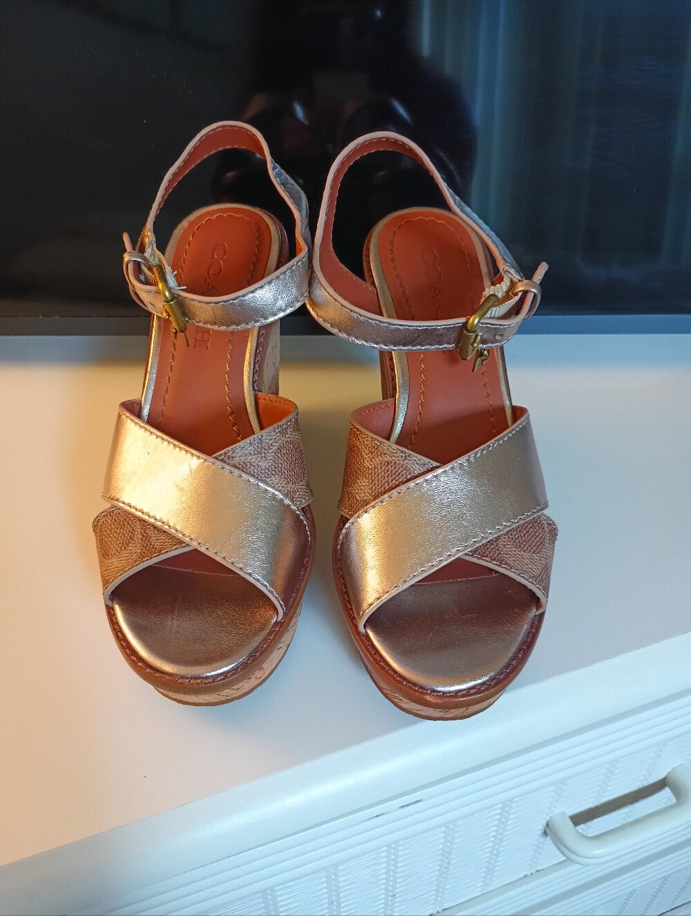 Coach Metallic Gold Cork Wedge Sandals - Women - Picture 2 of 7
